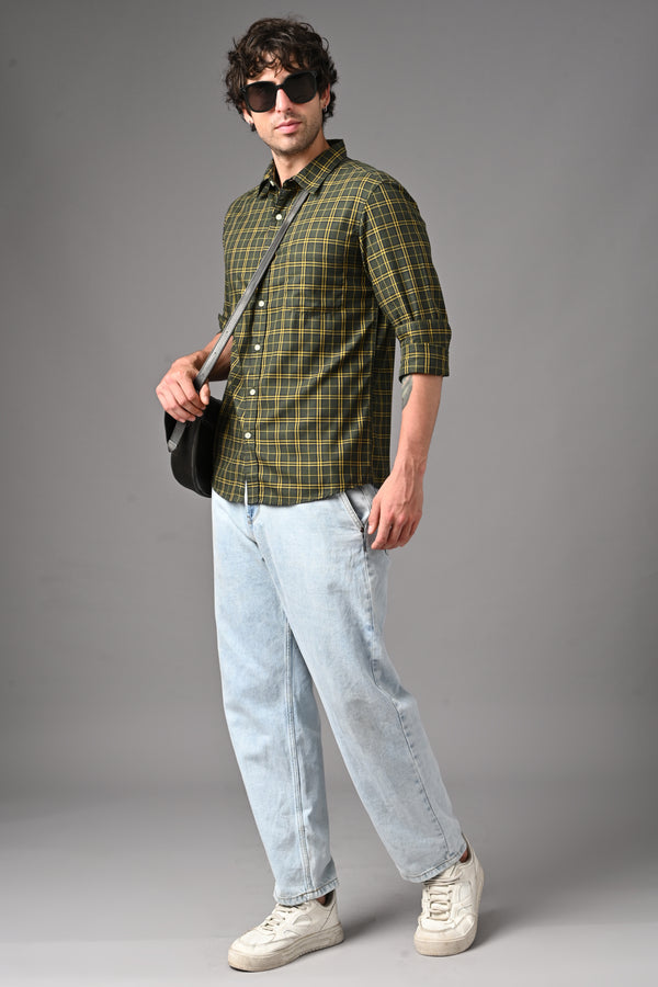 Checked Cotton Casual Shirt - olive green (image 1)
