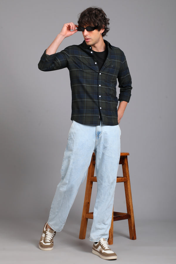 Checked Cotton Casual Shirt - Green & Navy alternate view