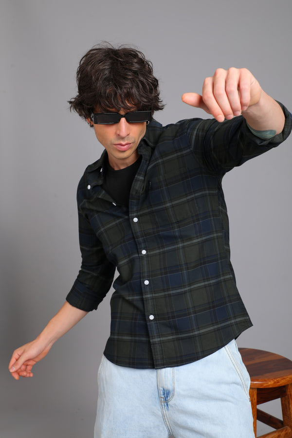 Checked Cotton Casual Shirt - Green & Navy (image 1)