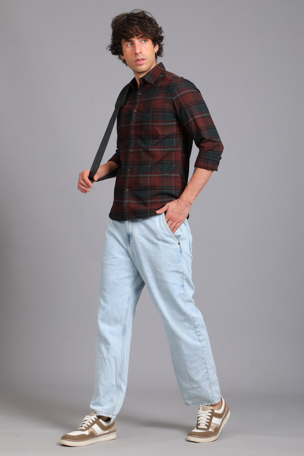 Checked Cotton Casual Shirt - Maroon & Forest Green