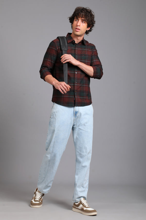 Checked Cotton Casual Shirt - Maroon & Forest Green alternate view