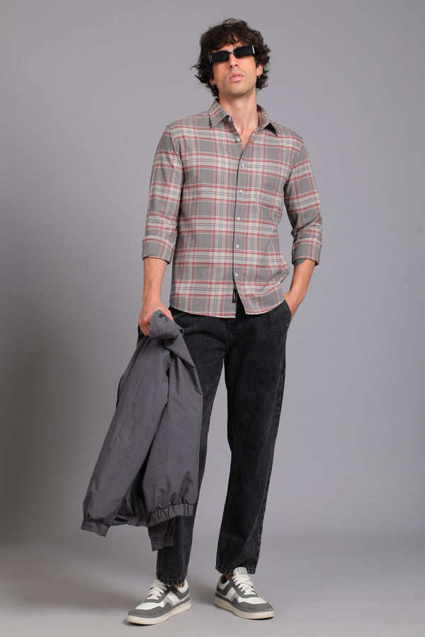Checked Cotton Casual Shirt - Red & Grey