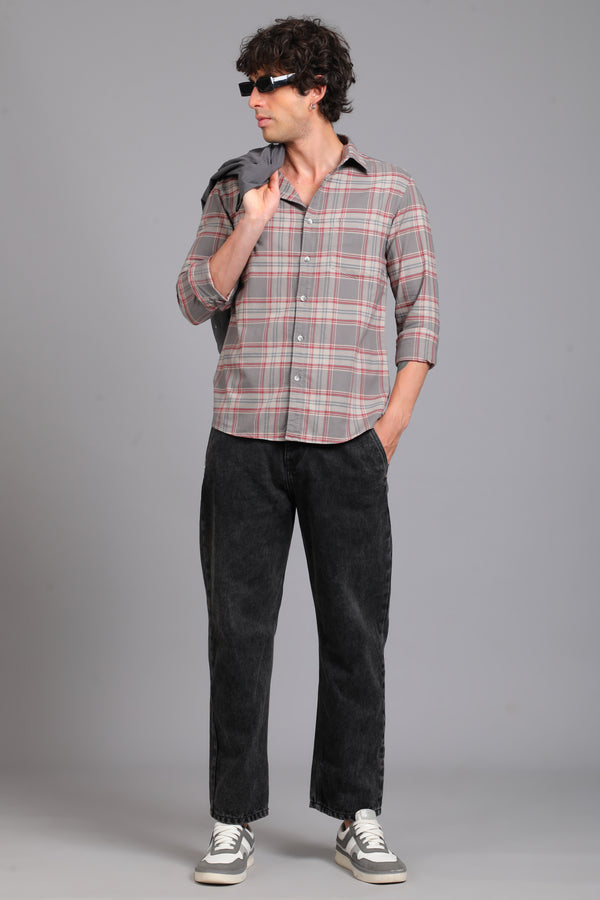 Checked Cotton Casual Shirt - Red & Grey alternate view