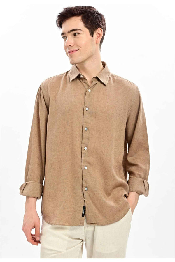 Camel Cotton-Linen Relaxed Fit Shirt