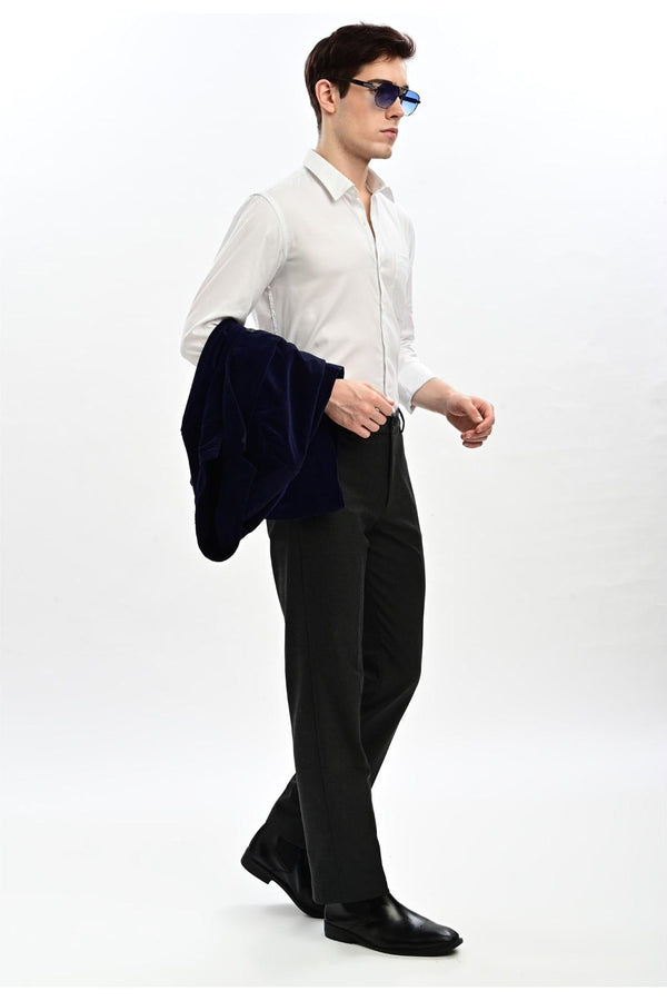 Charcoal Flat-Front Formal Trousers for Men - IVYN