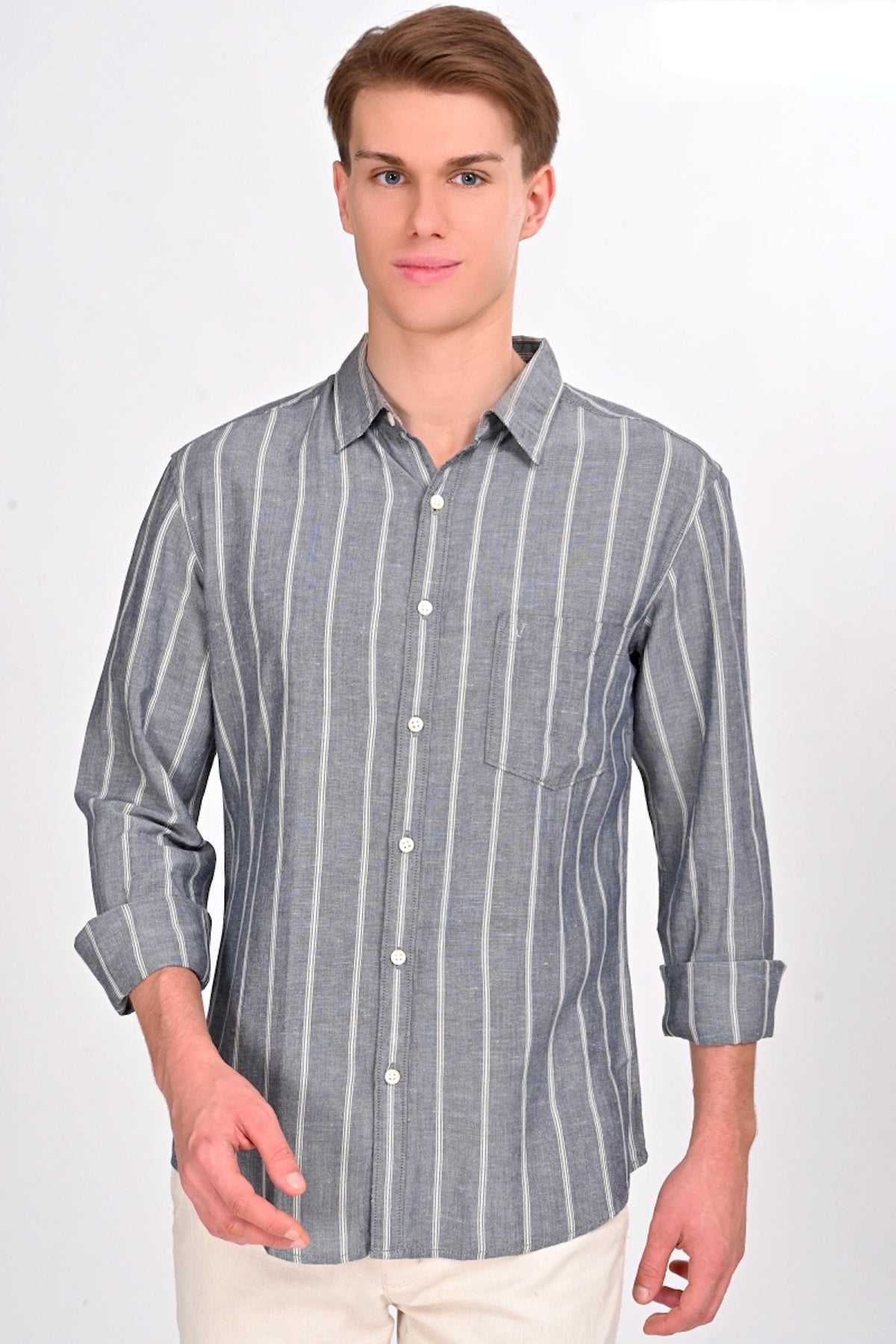 Colton Grey & White Striped Shirt