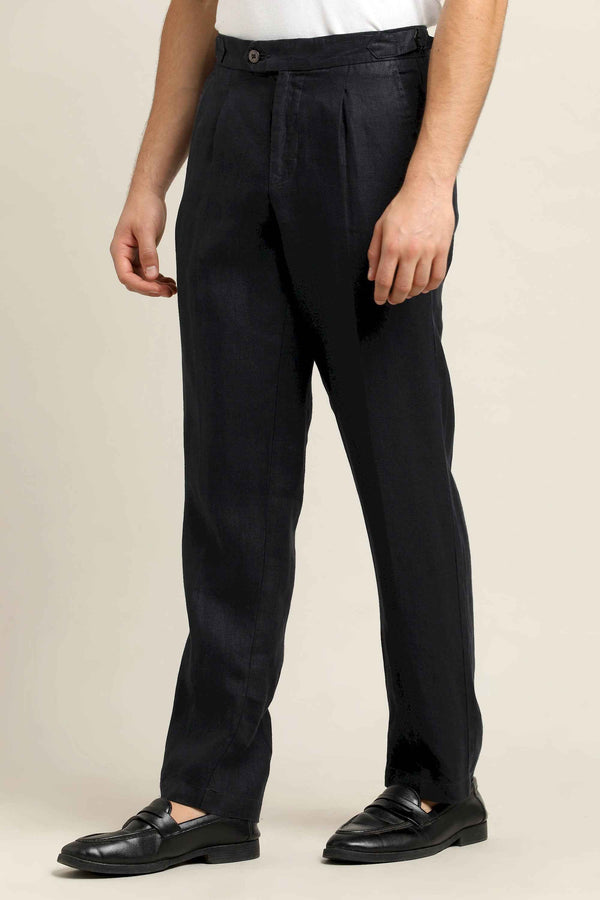 Pure Linen Pleated Trouser – Navy Blue