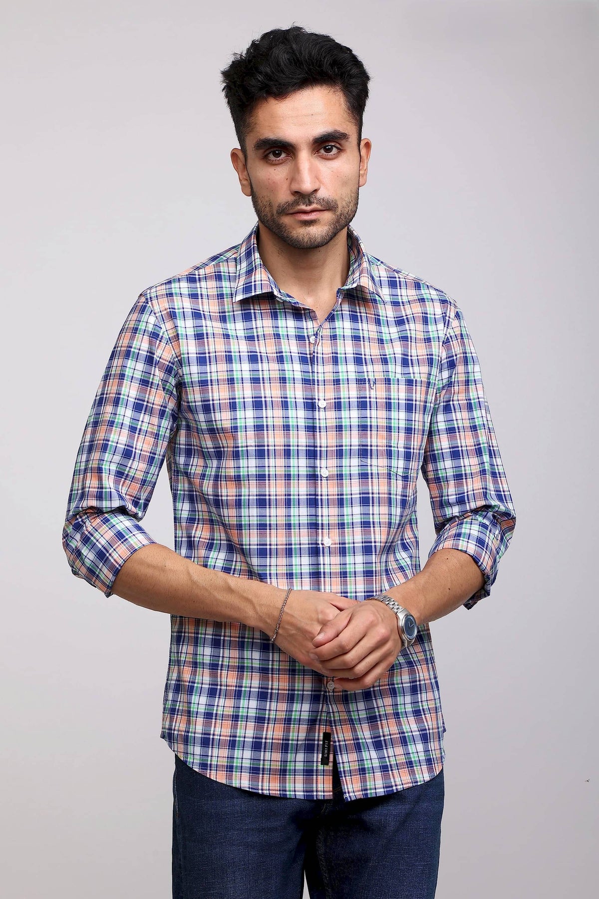 Classic Blue and Orange Plaid Casual Check Shirt