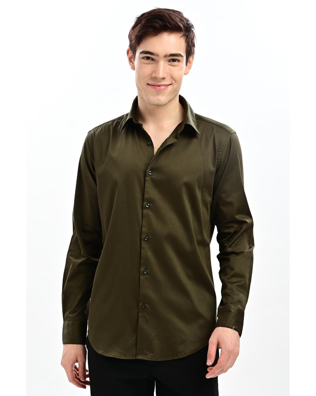 Military Olive Satin Slim Fit Formal Shirt