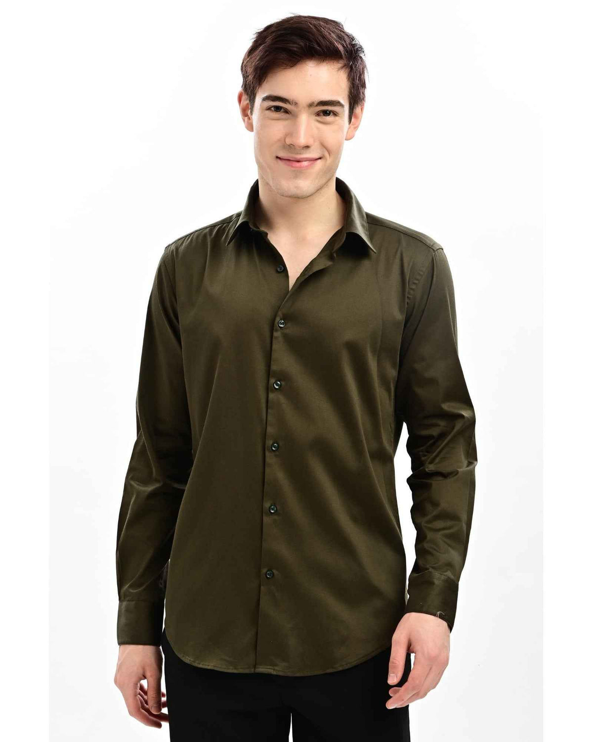 Military Olive Satin Slim Fit Formal Shirt