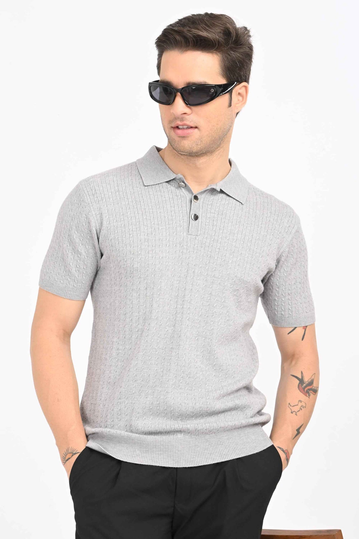 Cable-Knitted Polo T-Shirt in Grey
