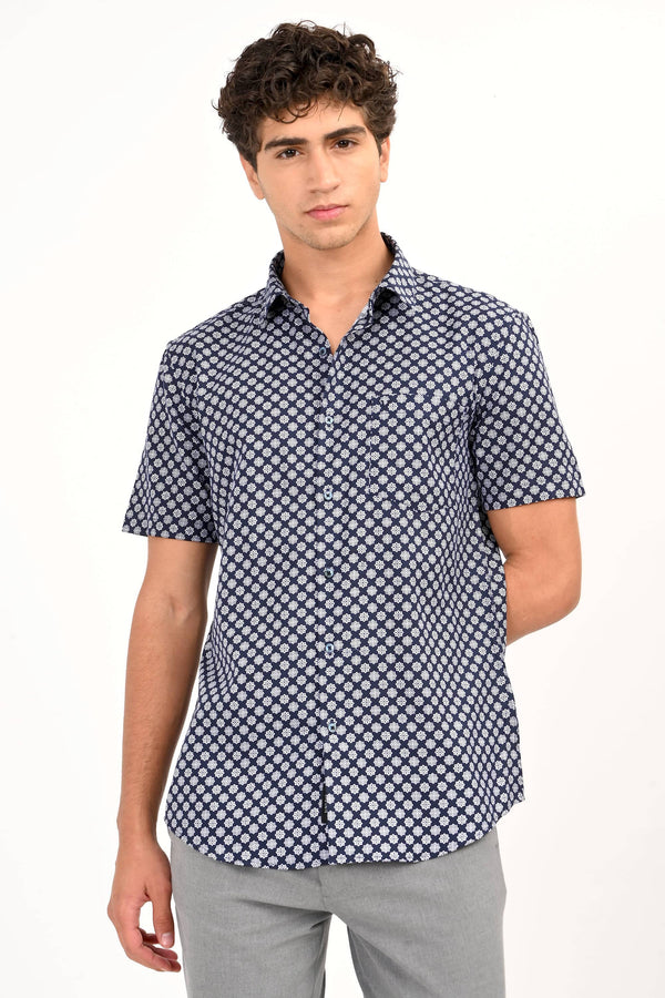 Navy Star Print Half Sleeve Casual Shirt