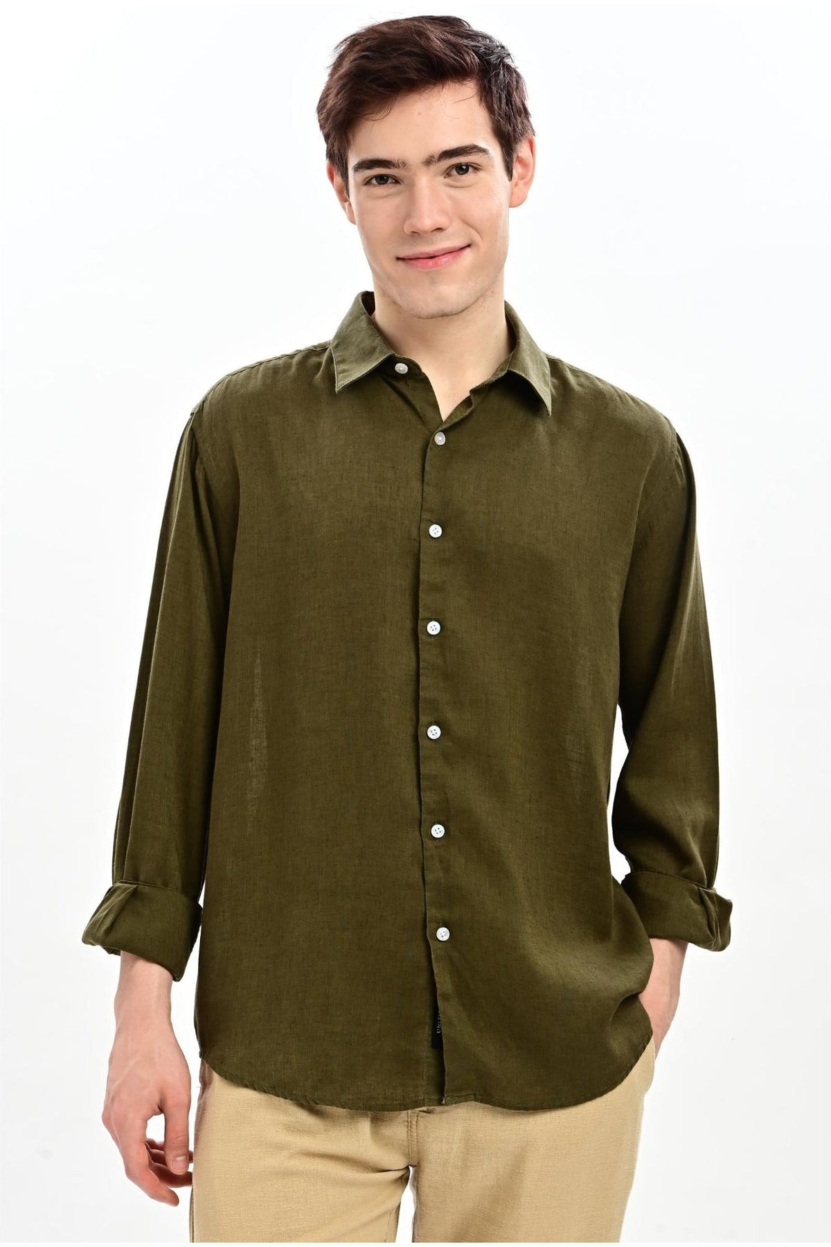 Olive Cotton-Linen Relaxed Fit Shirt
