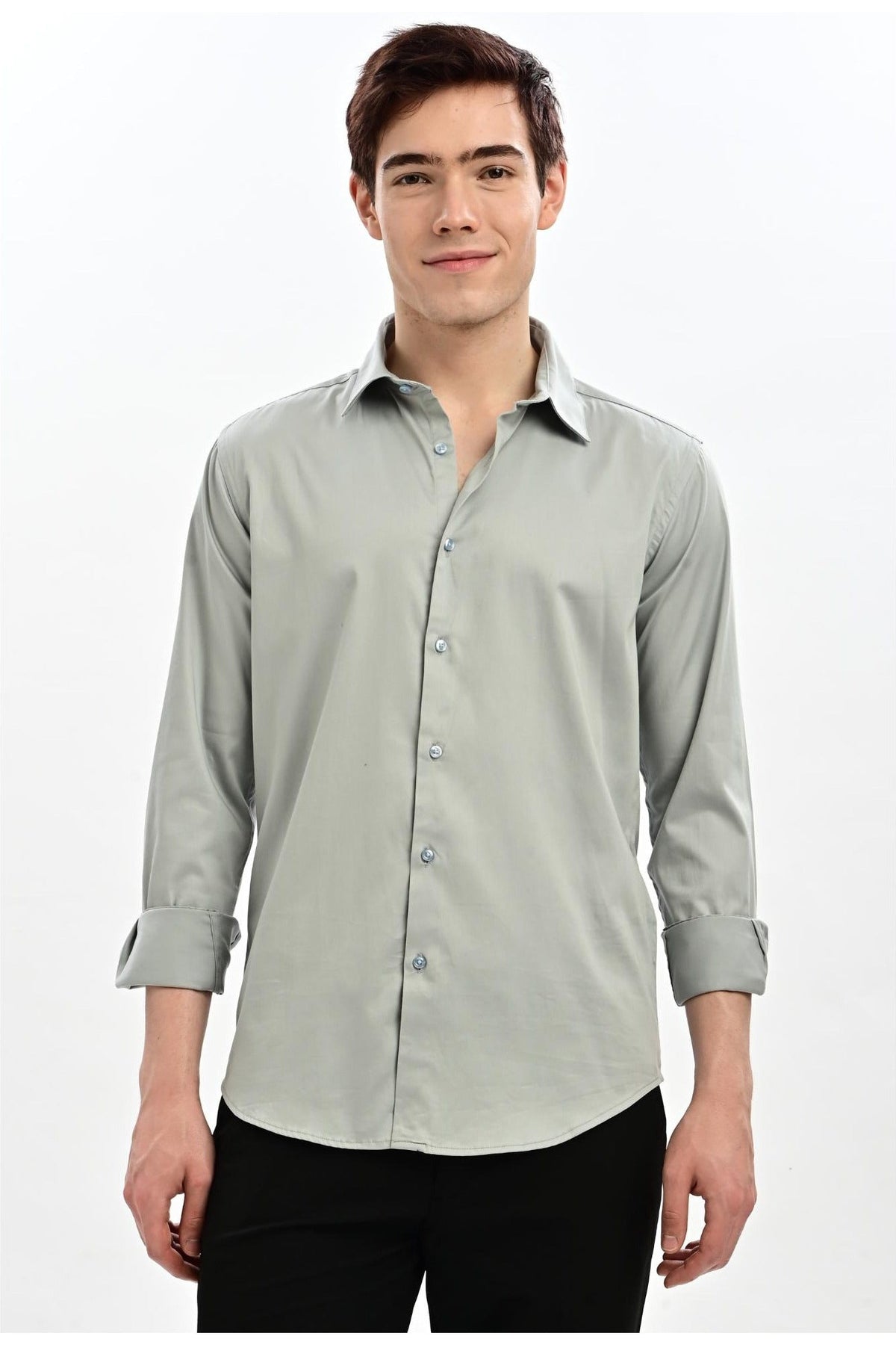 Sage Grey Satin Slim Fit Formal Shirt