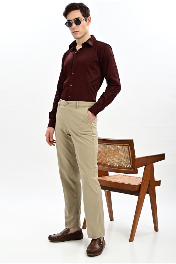 Sand Khaki Flat-Front Formal Trousers for Men - IVYN