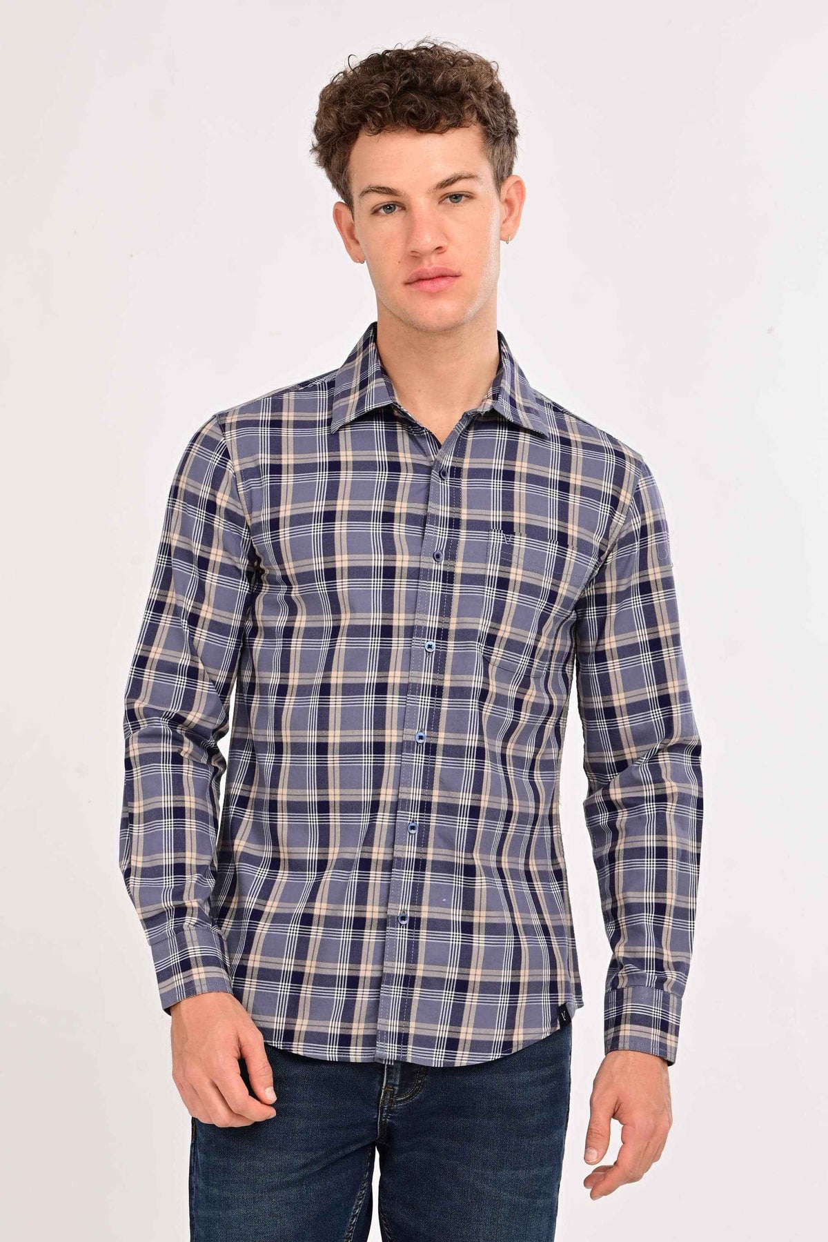 IVYN Smart Casual Plaid Shirt – Tailored Comfort Fit in Blue Grey