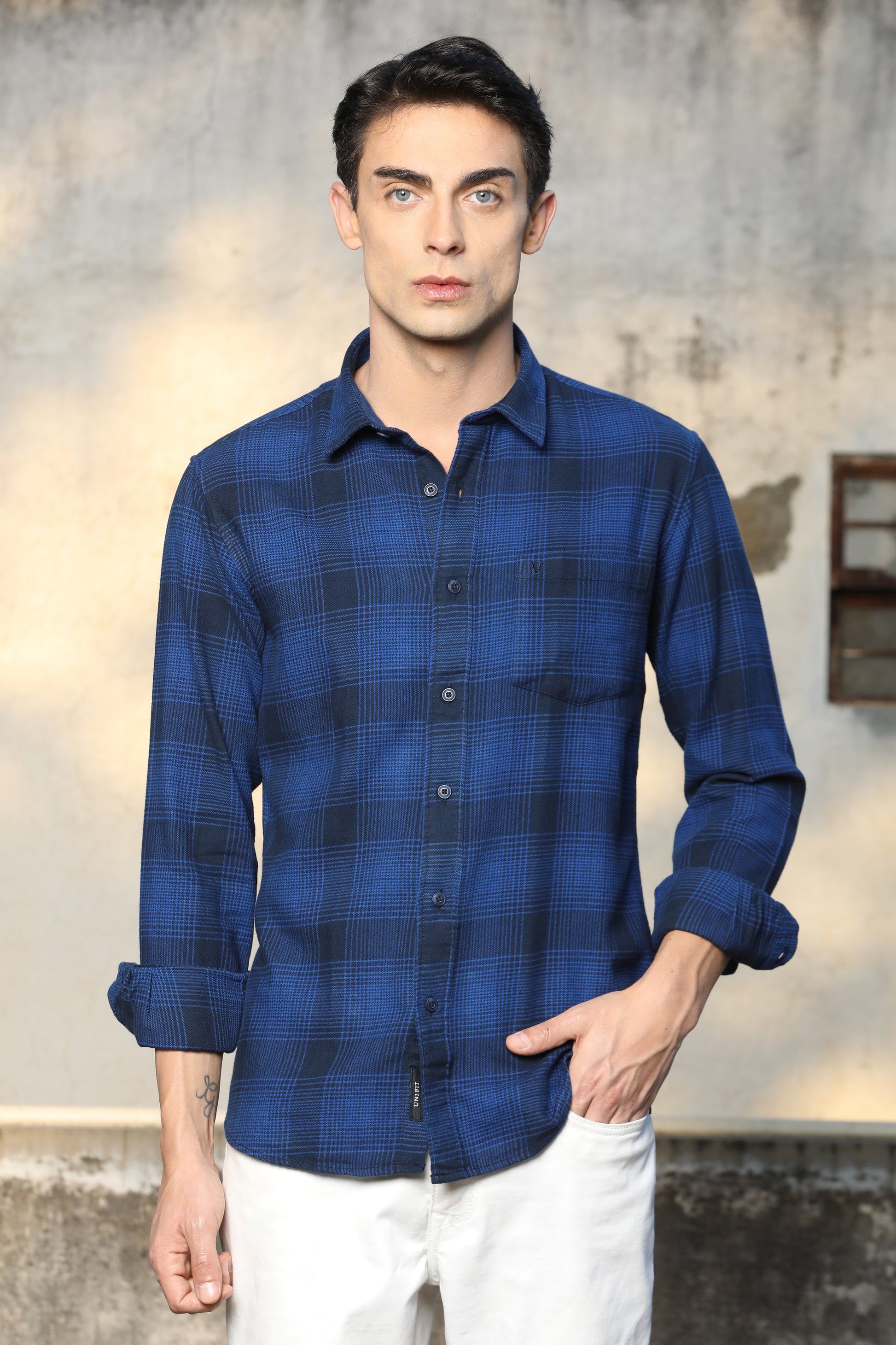Navy Blue Checked Casual Shirt – Unifit, Full Sleeves - IVYN