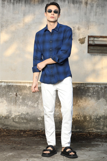 Navy Blue Checked Casual Shirt – Unifit, Full Sleeves - IVYN