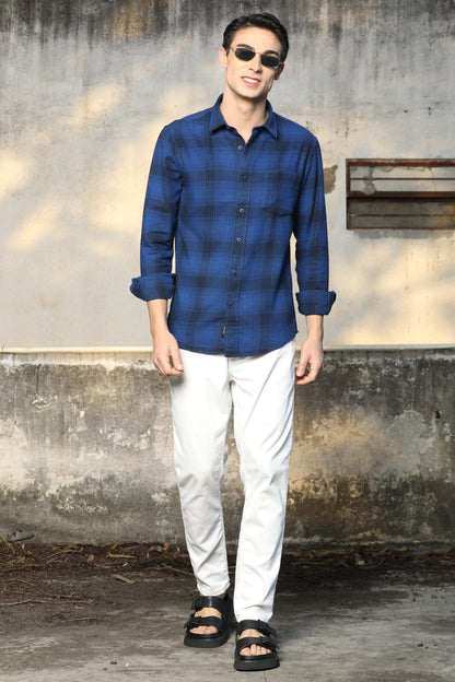 Navy Blue Checked Casual Shirt – Unifit, Full Sleeves - IVYN
