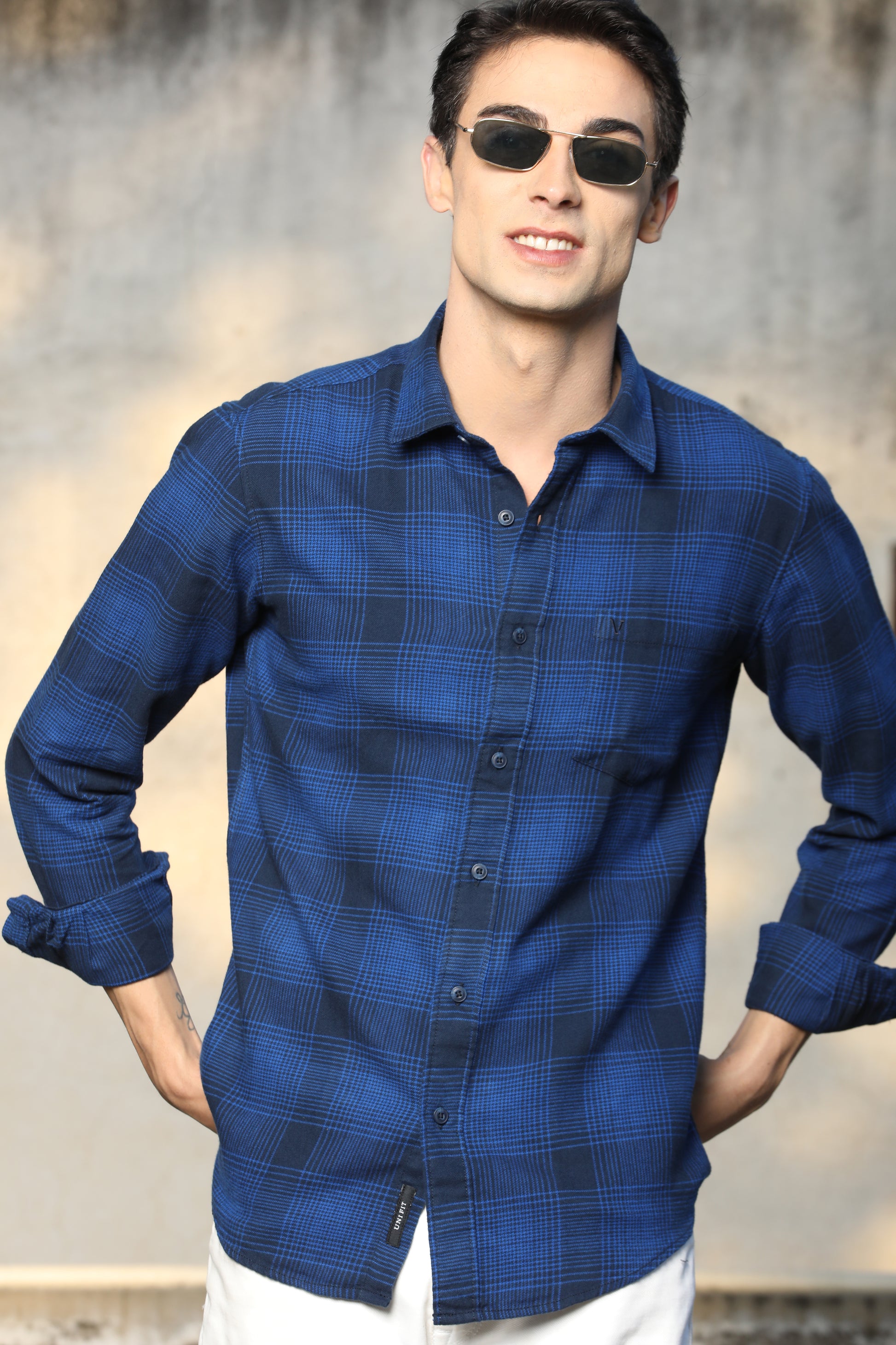 Navy Blue Checked Casual Shirt – Unifit, Full Sleeves - IVYN