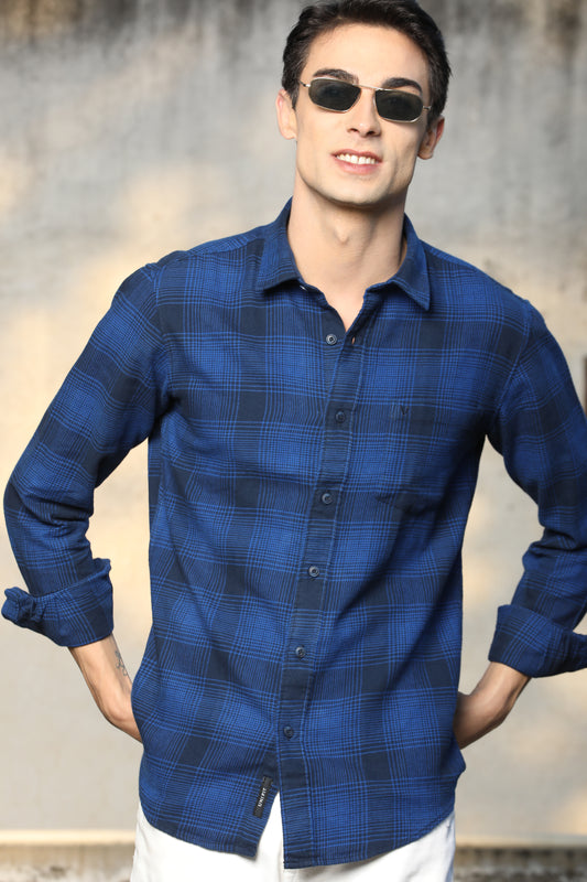 Navy Blue Checked Casual Shirt – Unifit, Full Sleeves - IVYN