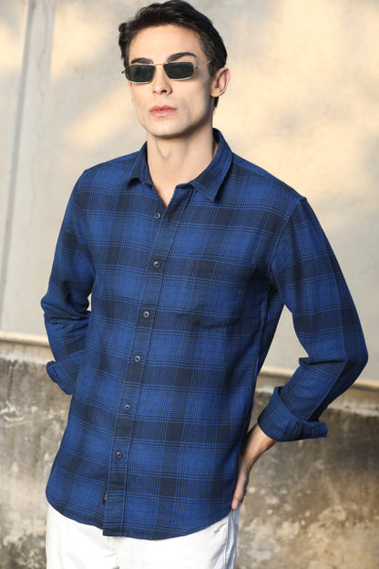 Navy Blue Checked Casual Shirt – Unifit, Full Sleeves - IVYN