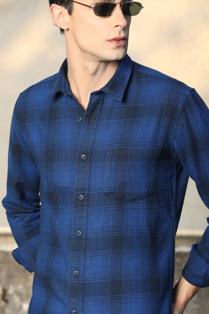 Navy Blue Checked Casual Shirt – Unifit, Full Sleeves - IVYN