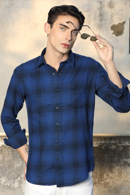 Navy Blue Checked Casual Shirt – Unifit, Full Sleeves - IVYN