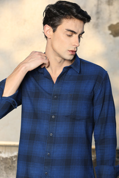 Navy Blue Checked Casual Shirt – Unifit, Full Sleeves - IVYN