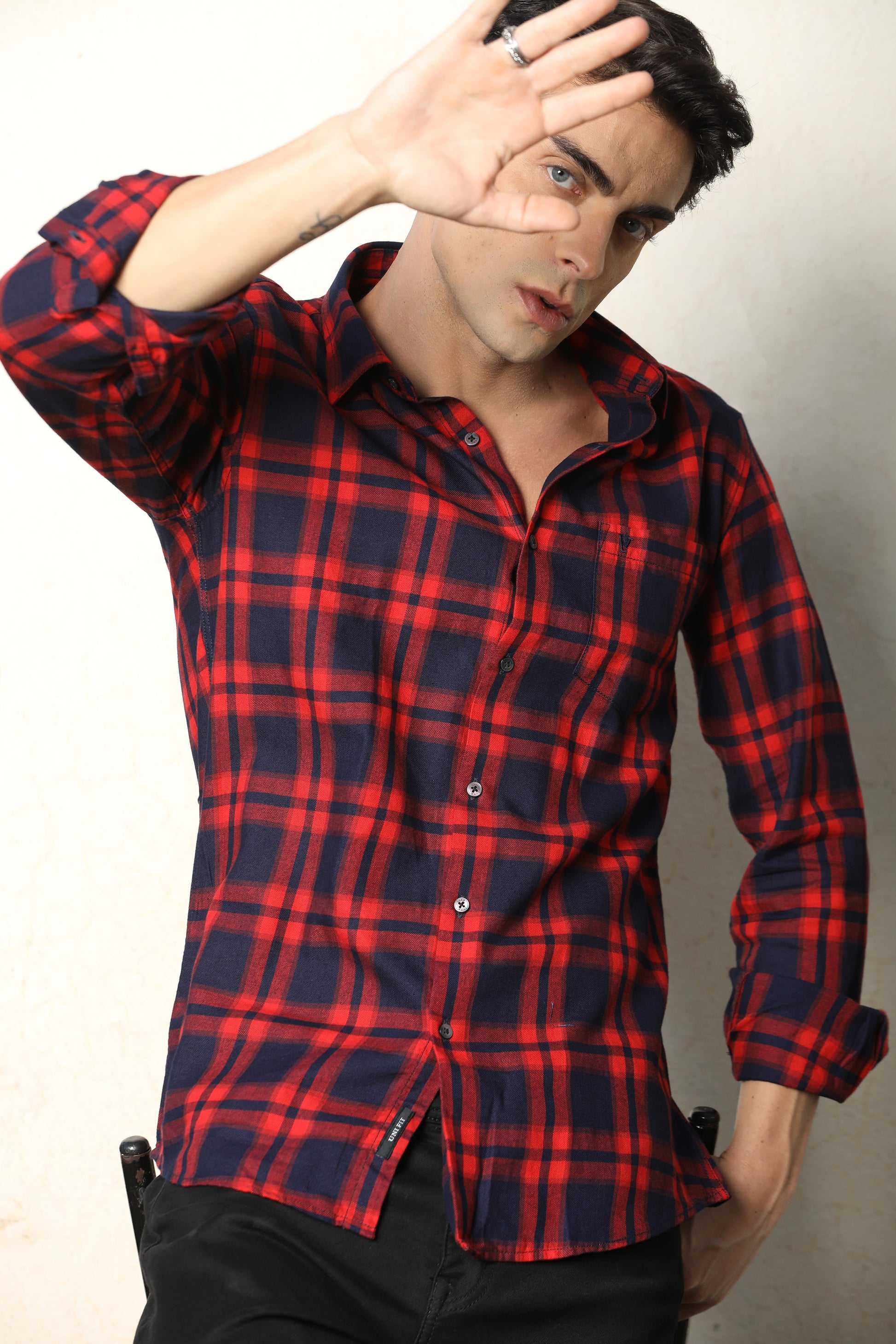 Red & Navy Blue Checked Casual Shirt – Unifit, Full Sleeves - IVYN