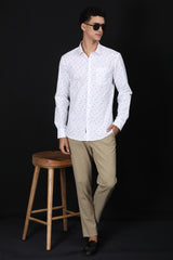 White Printed Slim Fit Casual Shirt – Light Blue Floral Design - IVYN