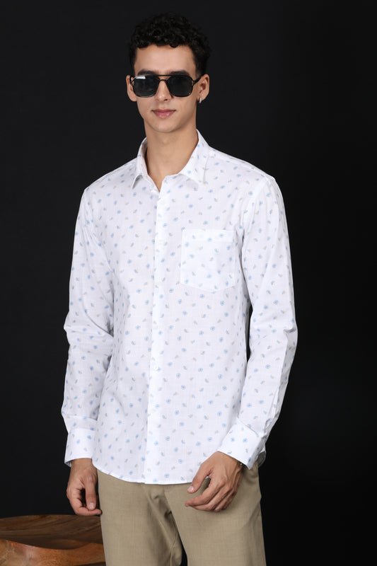 White Printed Slim Fit Casual Shirt – Light Blue Floral Design - IVYN