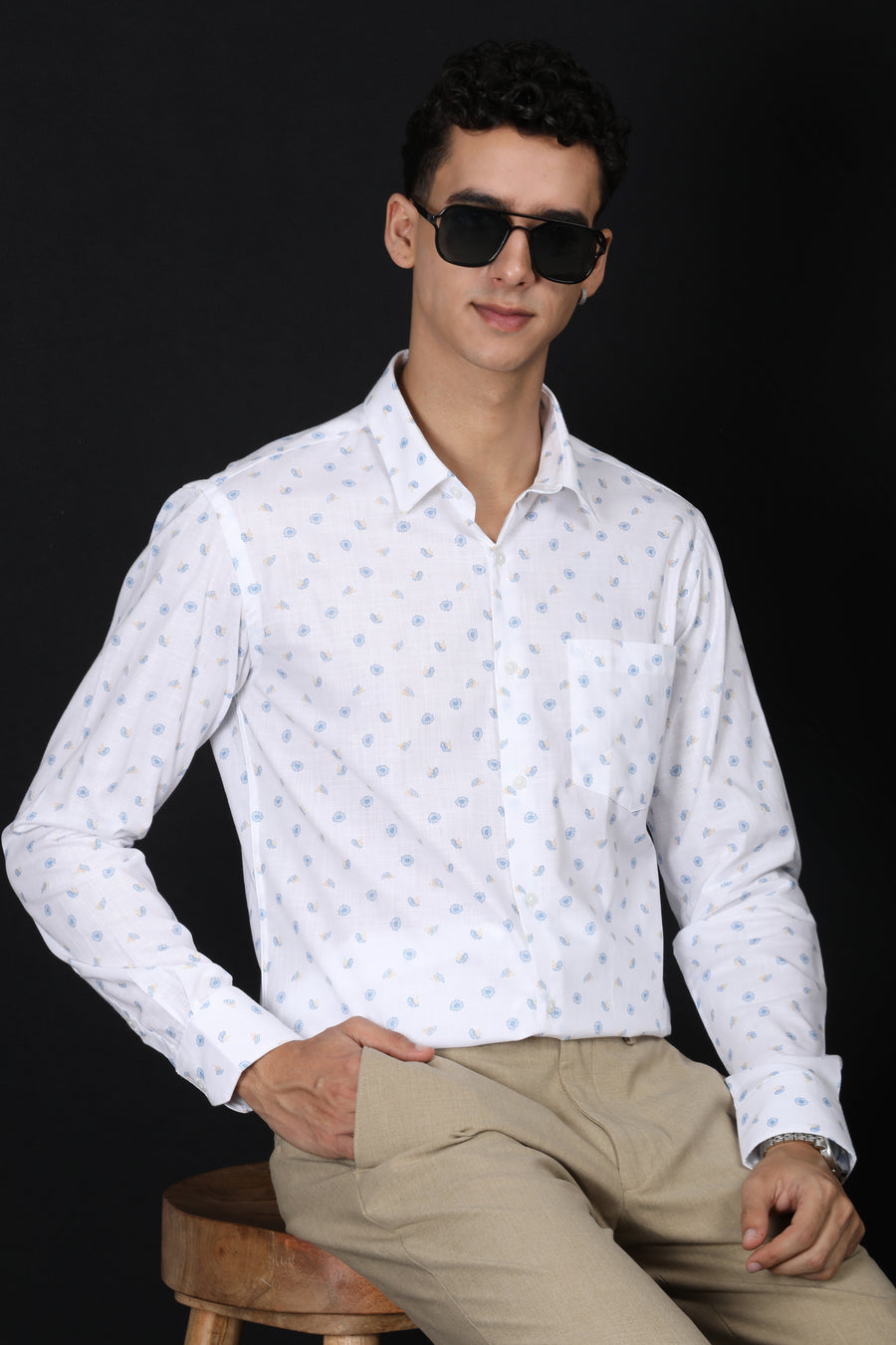 White Printed Slim Fit Casual Shirt – Light Blue Floral Design - IVYN