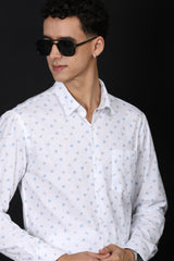 White Printed Slim Fit Casual Shirt – Light Blue Floral Design - IVYN