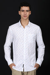 White Printed Slim Fit Casual Shirt – Light Blue Floral Design - IVYN