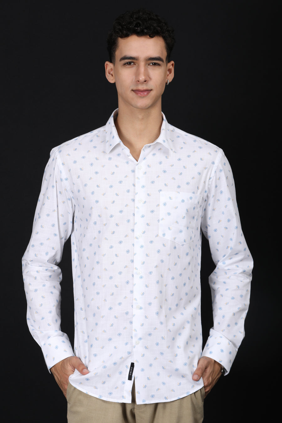 White Printed Slim Fit Casual Shirt – Light Blue Floral Design - IVYN