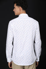 White Printed Slim Fit Casual Shirt – Light Blue Floral Design - IVYN