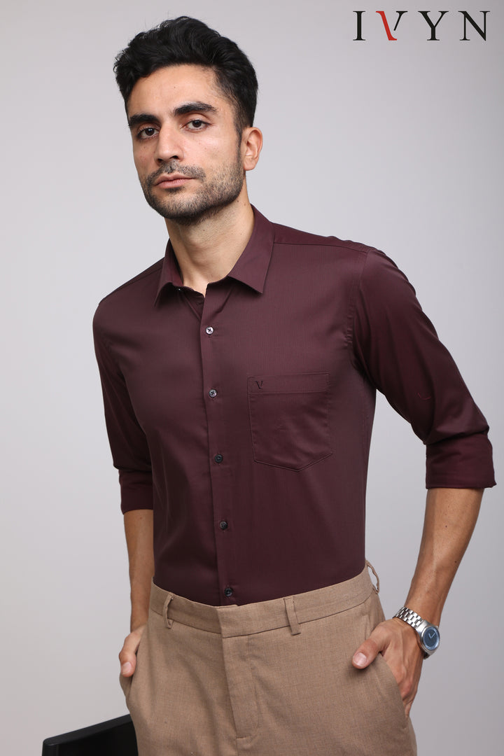 Ivyn Burgundy Red Pocket Detail Textured Formal Shirt - IVYN