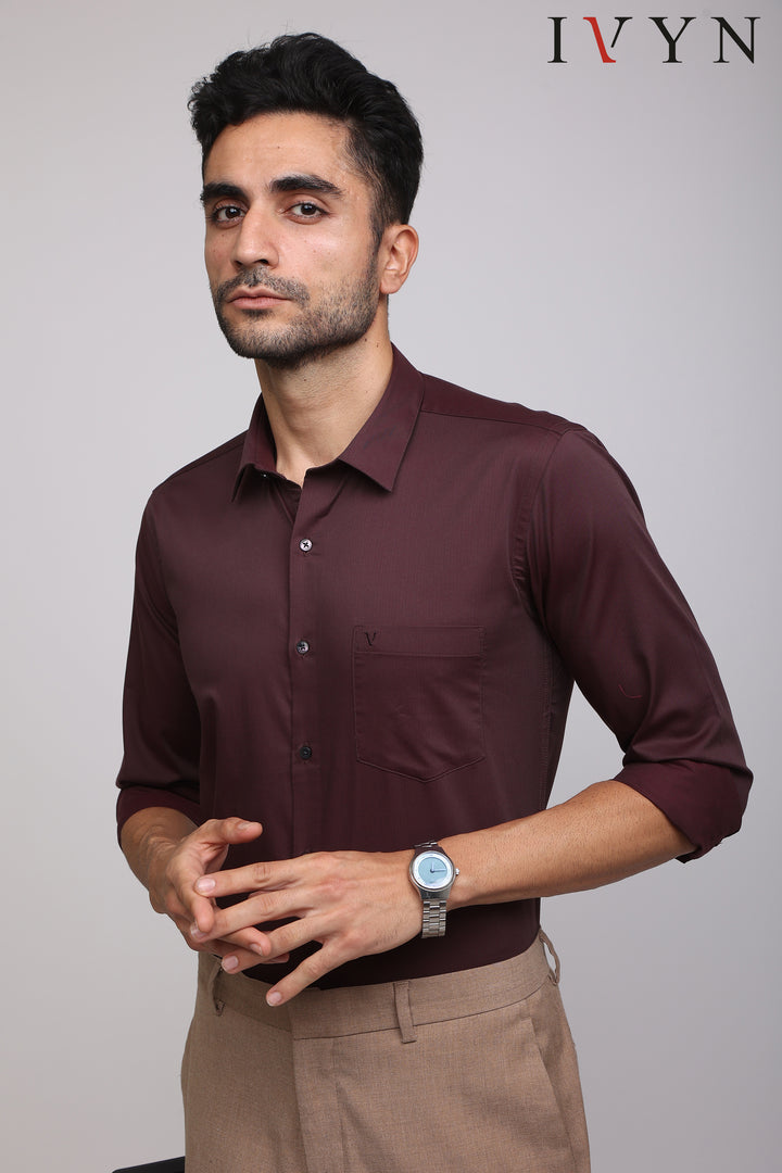 Ivyn Burgundy Red Pocket Detail Textured Formal Shirt - IVYN