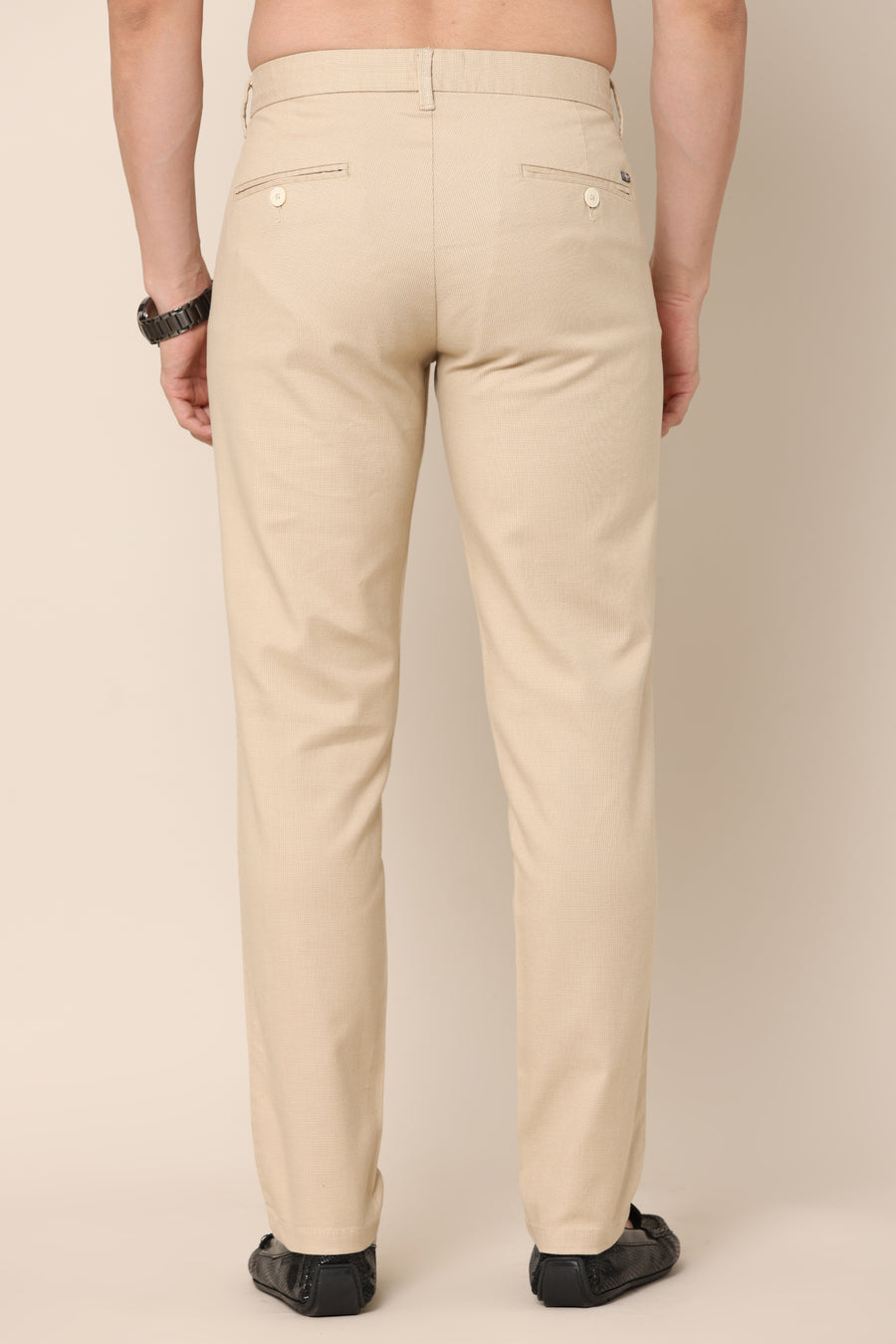 Airflex Beige Checked Cotton Chinos - IVYN