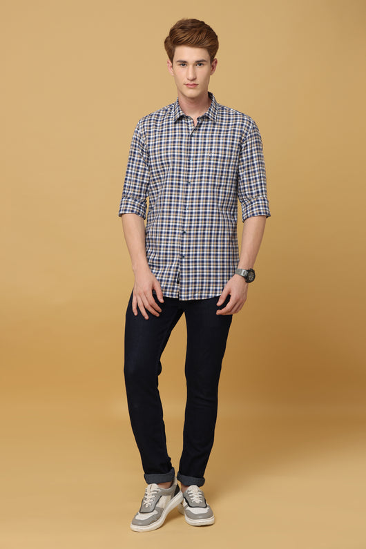 Exquisite White Navy Checkered Casual Shirt - IVYN