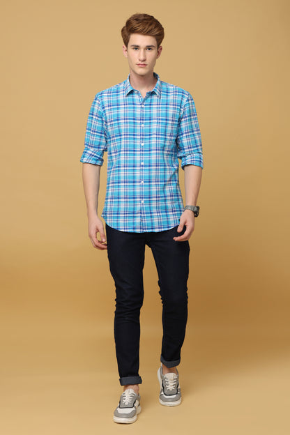 Regal Turquoise Navy Checkered Linen Shirt - IVYN