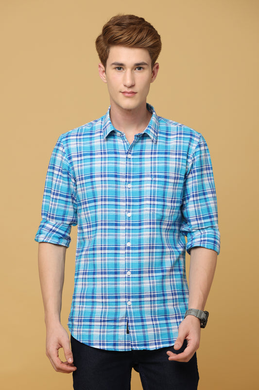 Regal Turquoise Navy Checkered Linen Shirt - IVYN