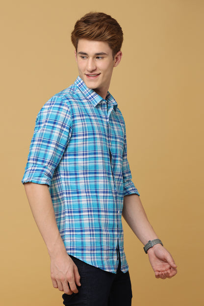 Regal Turquoise Navy Checkered Linen Shirt - IVYN