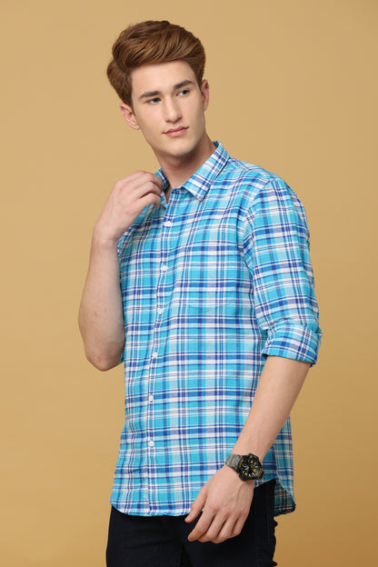 Regal Turquoise Navy Checkered Linen Shirt - IVYN