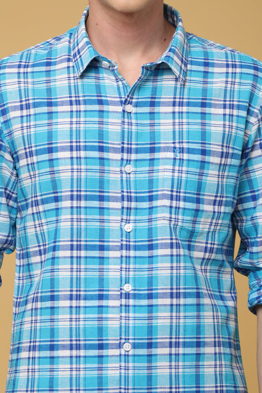 Regal Turquoise Navy Checkered Linen Shirt - IVYN