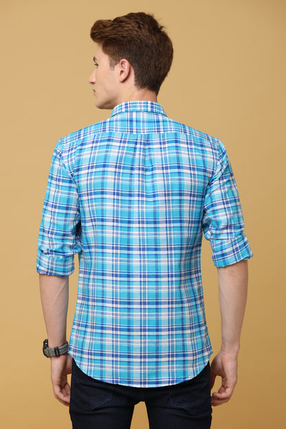 Regal Turquoise Navy Checkered Linen Shirt - IVYN