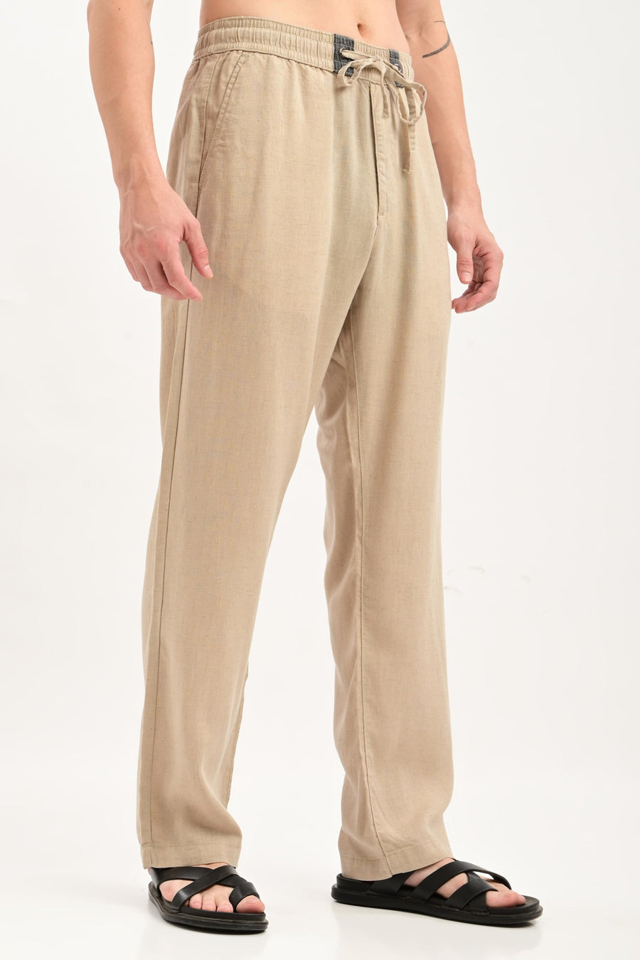 Oasis Linen-Cotton Drawstring Trousers — Sand Beige