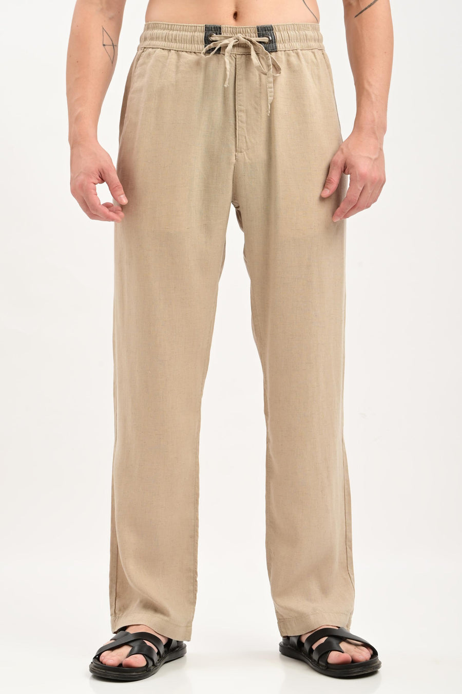 Oasis Linen-Cotton Drawstring Trousers — Sand Beige