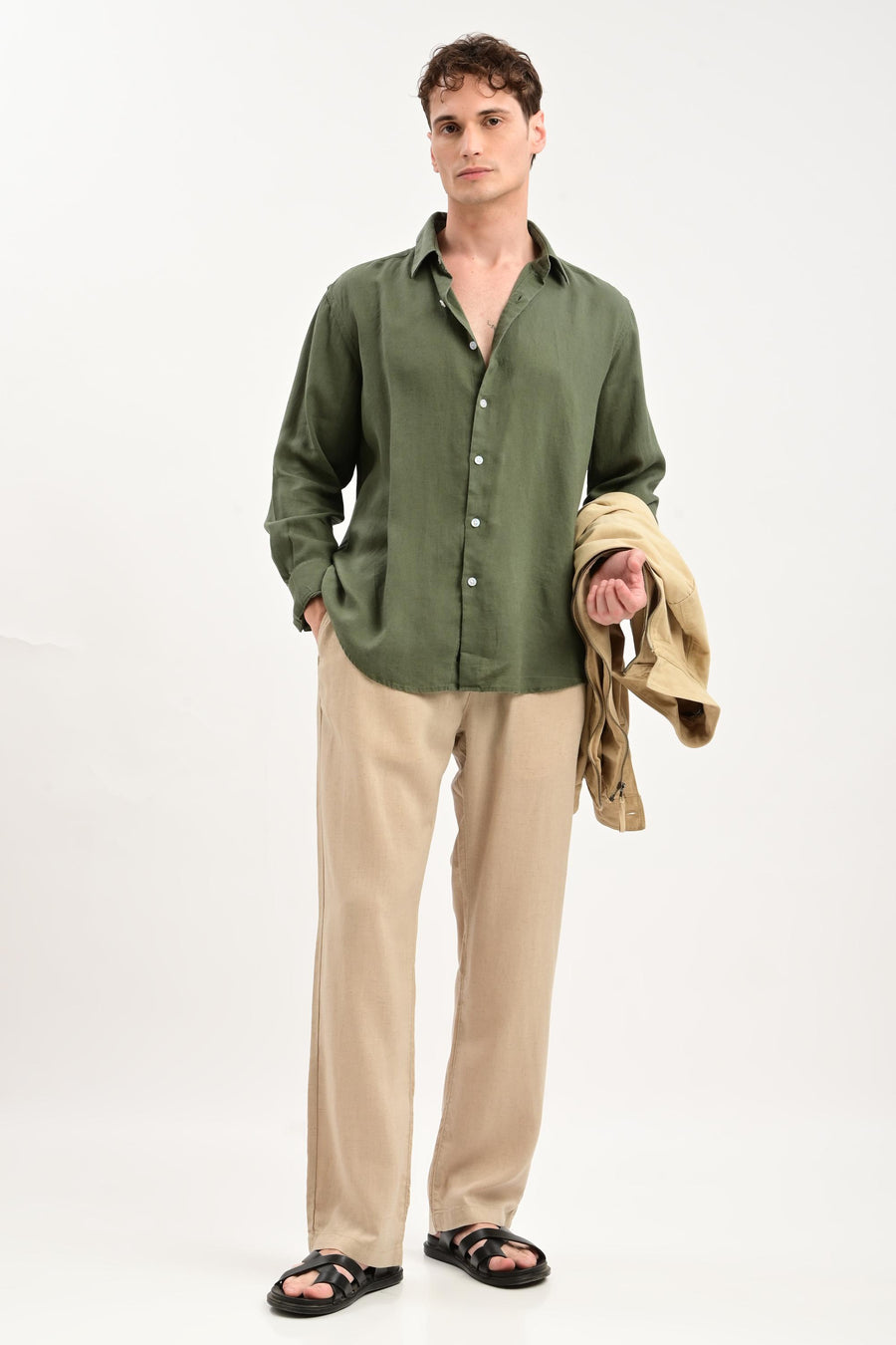 Oasis Linen-Cotton Drawstring Trousers — Sand Beige
